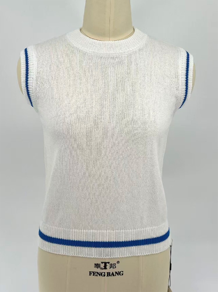 Women Crew Neck Striped Trim Knit Vest