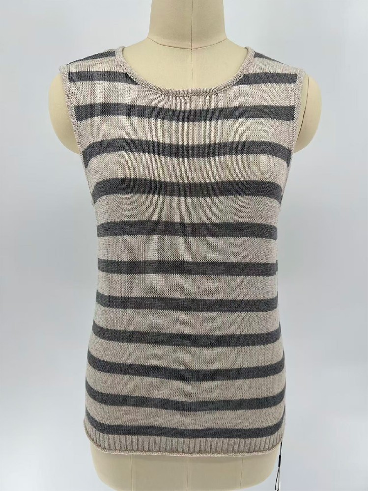 Women Round Neck Horizontal Striped Knit Tank Top