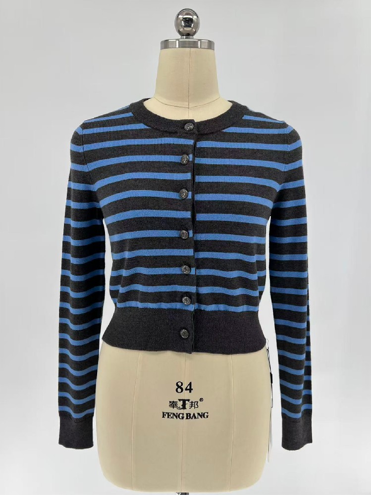 Women's Crew Neck Striped Cropped Knit Cardigan