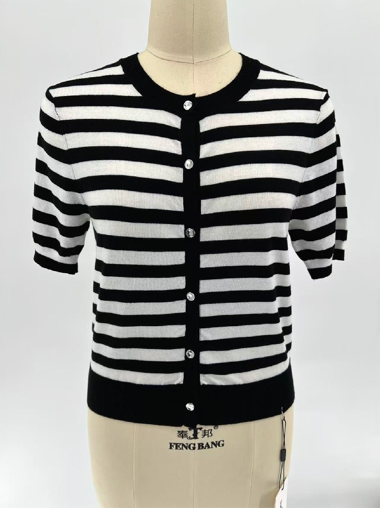Women Short Sleeve Striped Knit Cardigan