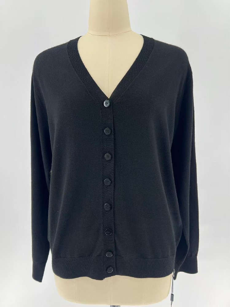 Women Spring Summer Solid Black V Neck Knit Cardigan Poly Nylon Acrylic Wool Blend Long Sleeve Knit Top