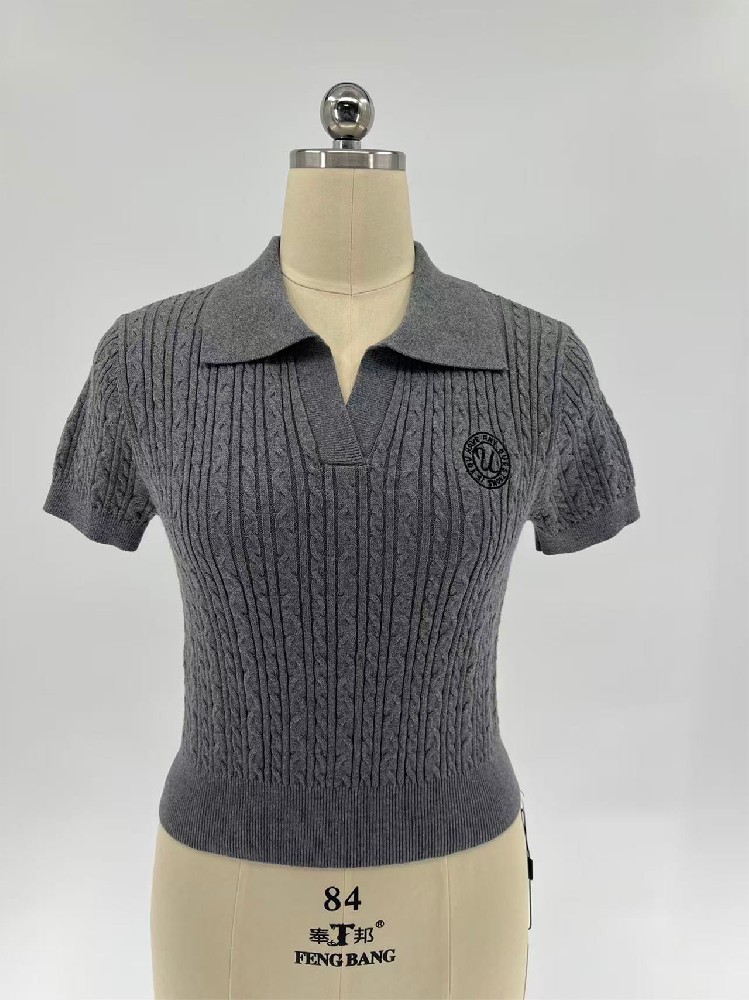 Women's Polo Collar Cable Knit Short‑Sleeve Cropped Knit Top for Spring Summer