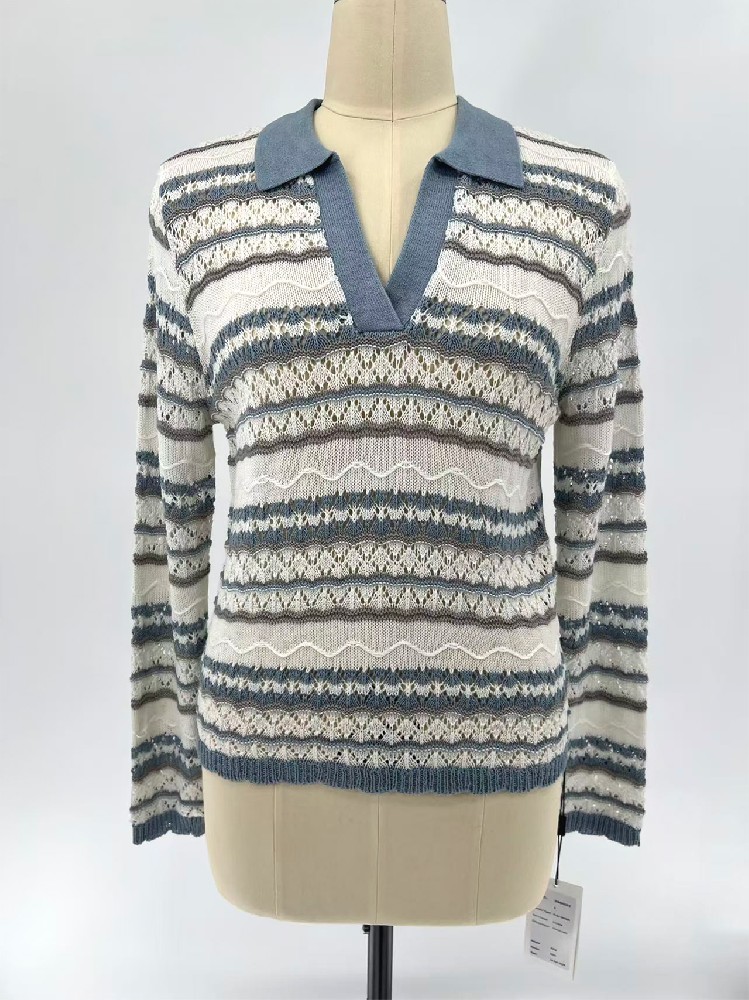 Women Spring & Summer Off White V Neck Hollow Lace Knit Sweater Cotton Polyester Blend Long Sleeve Chevron Openwork Knit Top