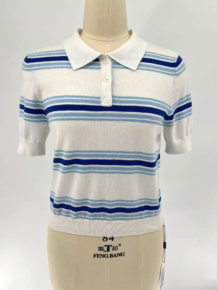 Women Striped Polo Knit Top