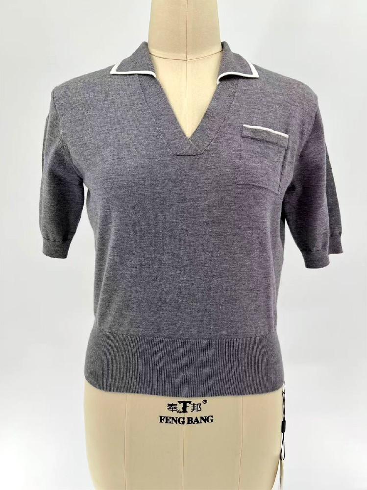 Women Contrast Trim V-Neck Polo Knit Top