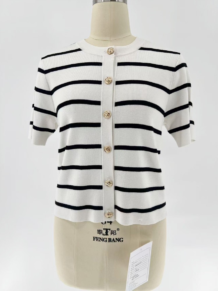 Women SS viscose poly blend striped short sleeve knit cardigan