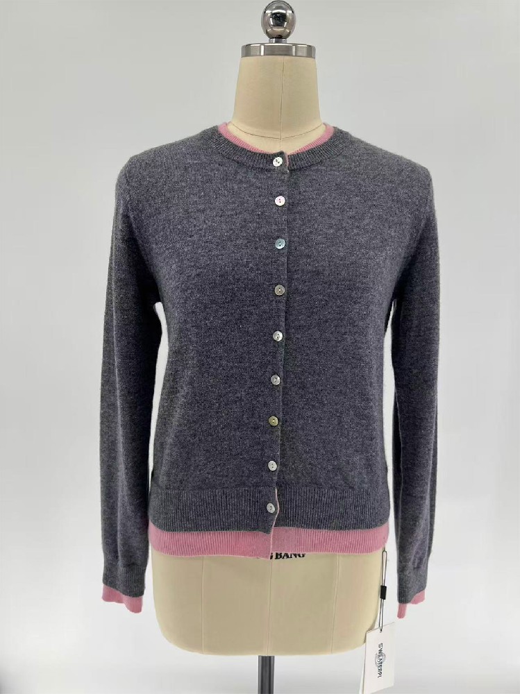 Women 100% Wool Color‑Block Trim Knit Cardigan