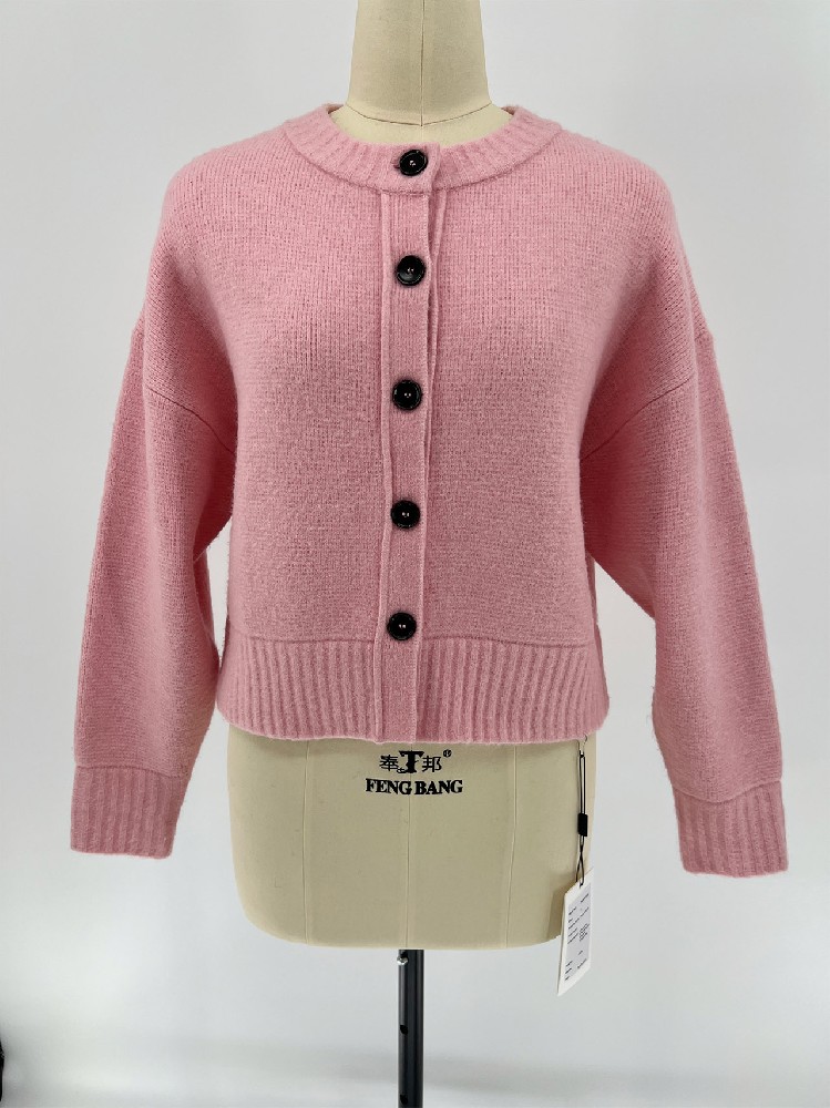 Women Fall Winter Wool Blend Crew Neck Knit Cardigan