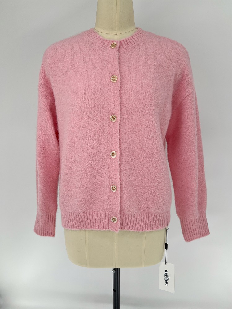 Women Fall Winter Wool Blend Crew Neck Knit Cardigan
