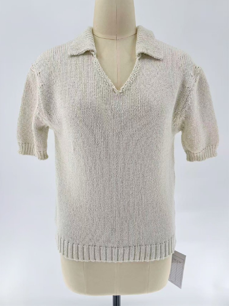 Women Spring Summer Off White Polo Collar Knit Top Cotton Polyester Blend Short Sleeve Loose Knit Sweater