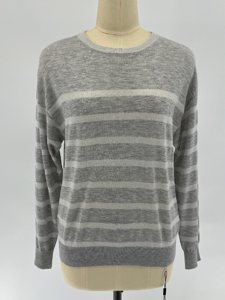 Women Spring & Summer Grey White Stripe Crew Neck Knit Pullover