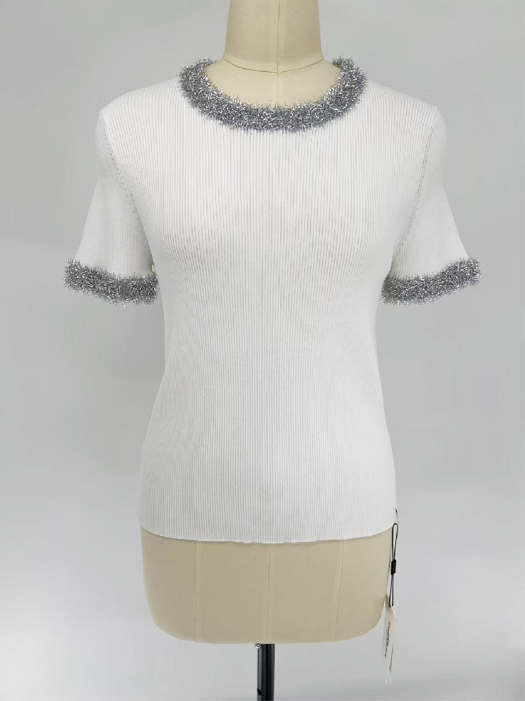 Women Spring & Summer Off White Crew Neck Rib Knit Top