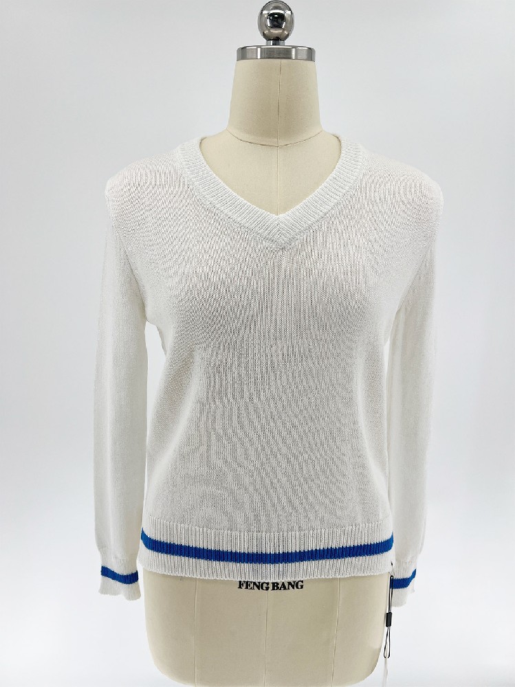 Women's V‑Neck Contrast‑Stripe Long‑Sleeve Knit Top for Spring Summer