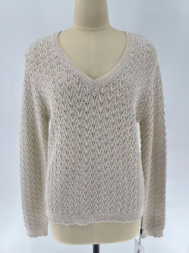 Women Spring & Summer Off White V Neck Hollow Lace Knit Sweater Cotton Polyester Blend Long Sleeve Chevron Openwork Knit Top