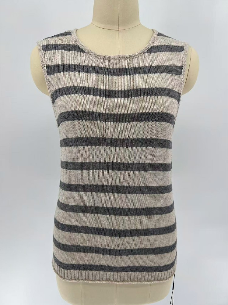Women Round Neck Horizontal Striped Knit Tank Top