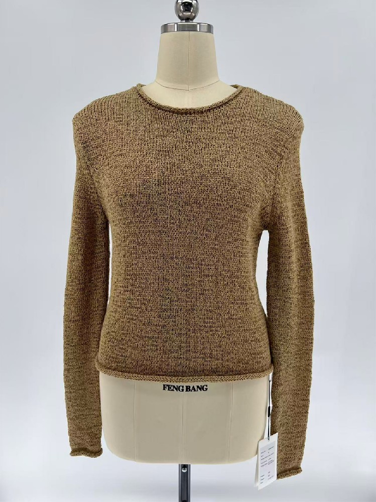 Women's Roll‑Edge Crew Neck Textured Long‑Sleeve Knit Top for Spring Summer