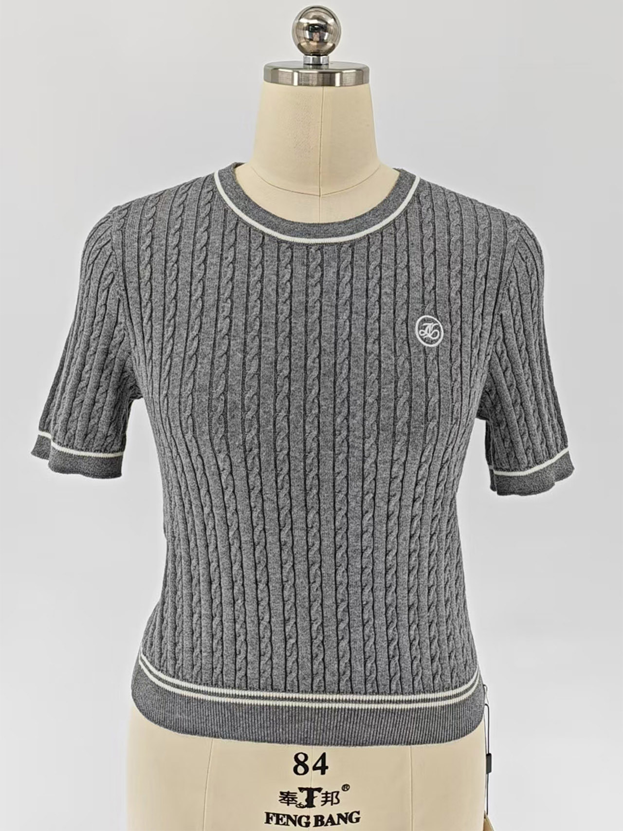 Women Spring & Summer Heather Grey Crew Neck Cable Knit Top